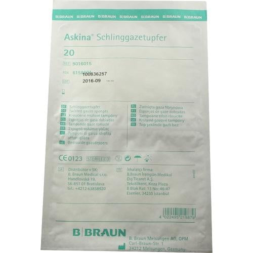 Das Produktfoto zeigt Askina Schlinggazetupfer Pflaumengroß Steril (20 stk) PZN 06158601