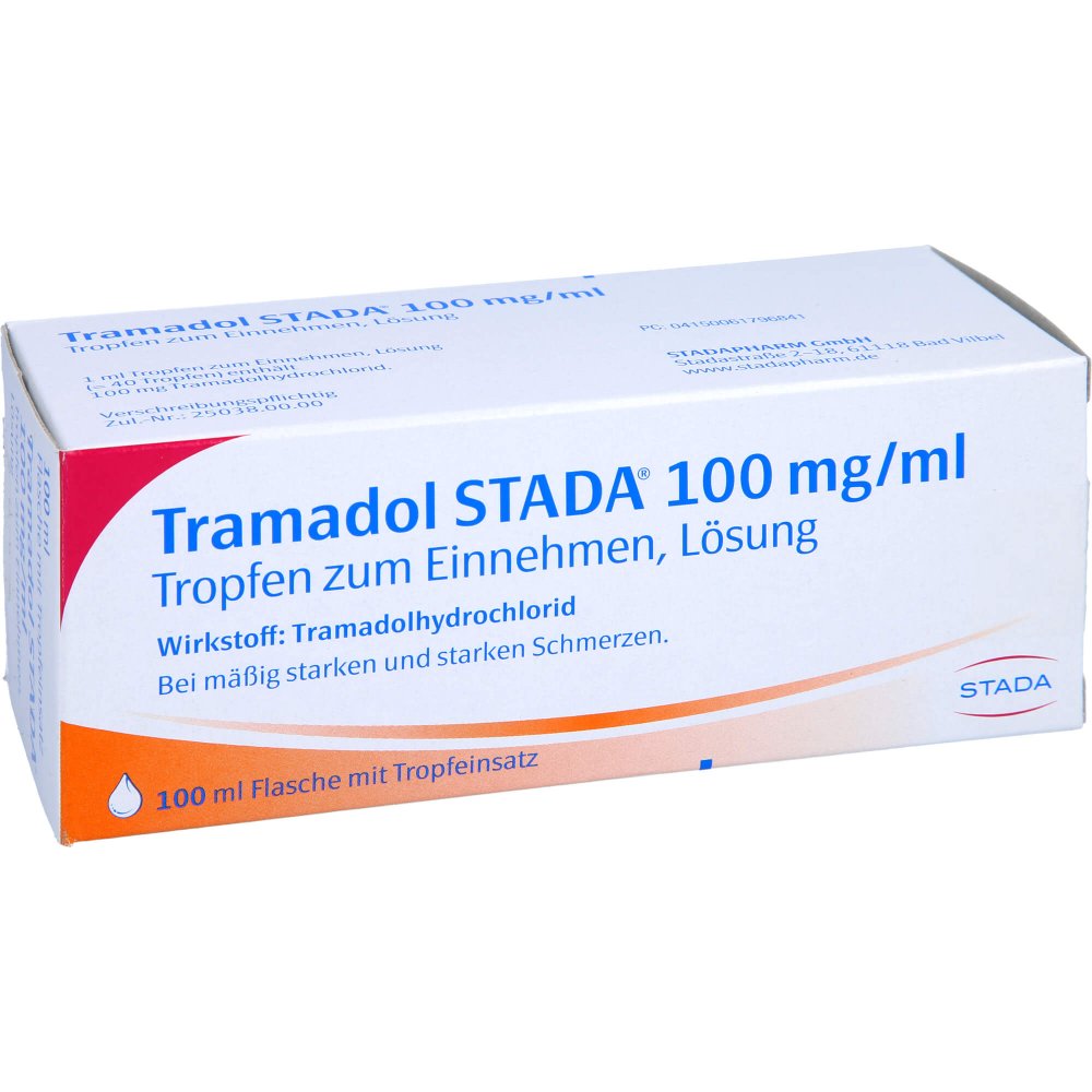 Das Produktfoto zeigt Tramadol Stada 100 Mg/Ml Tropfen Zum Einnehmen (100 ml) PZN 06179684
