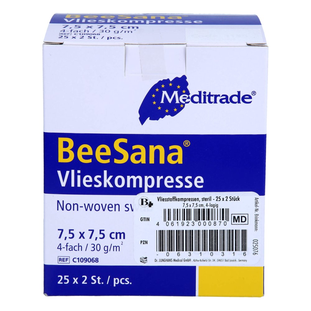 Das Produktfoto zeigt Vliesstoff-Kompressen Steril 7,5x7,5 Cm 4fach (25X2 stk) PZN 06310316