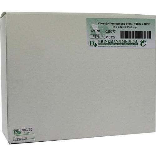 Das Produktfoto zeigt Vliesstoff-Kompressen Steril 10x10 Cm 4fach (25X2 stk) PZN 06310322