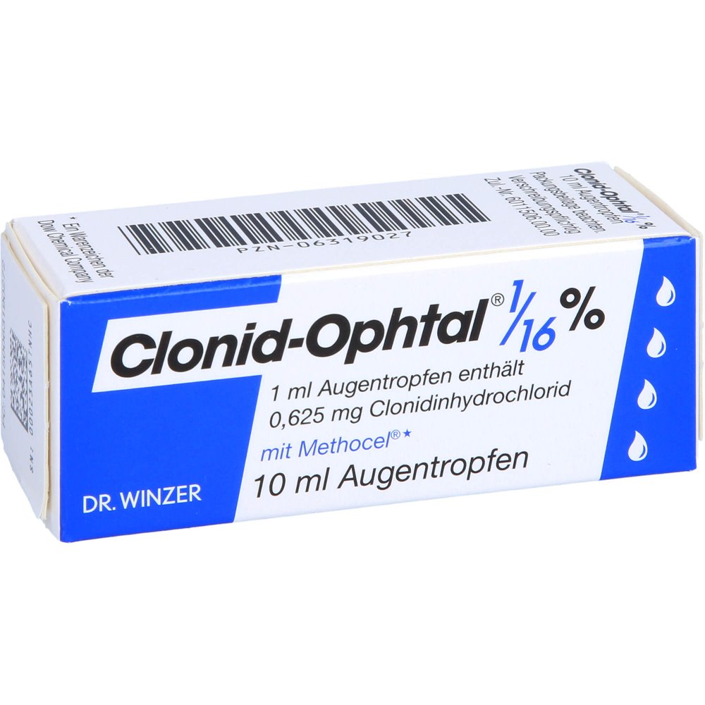 Das Produktfoto zeigt Clonid Ophtal 1/16% Augentropfen (10 ml) PZN 06319027