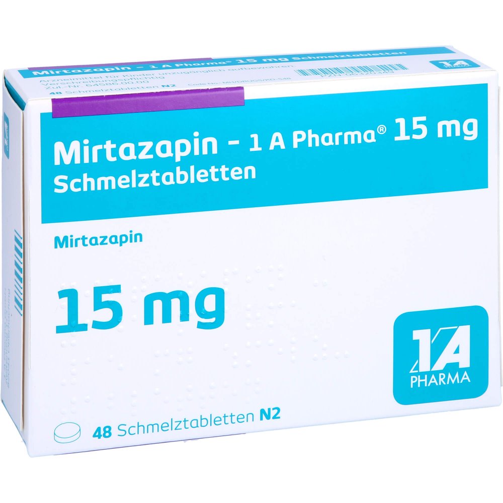 Das Produktfoto zeigt Mirtazapin-1a Pharma 15 Mg Schmelztabletten (48 stk) PZN 06320349