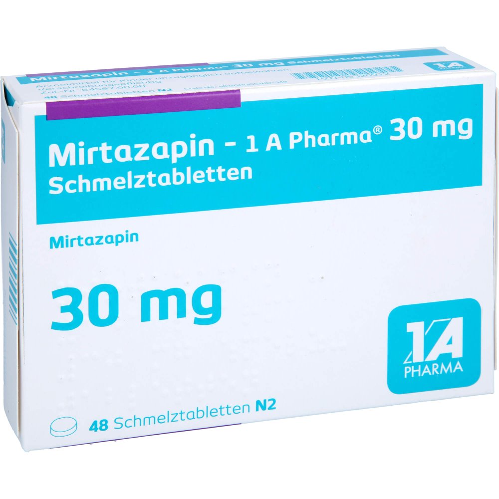 Das Produktfoto zeigt Mirtazapin-1a Pharma 30 Mg Schmelztabletten (48 stk) PZN 06320912