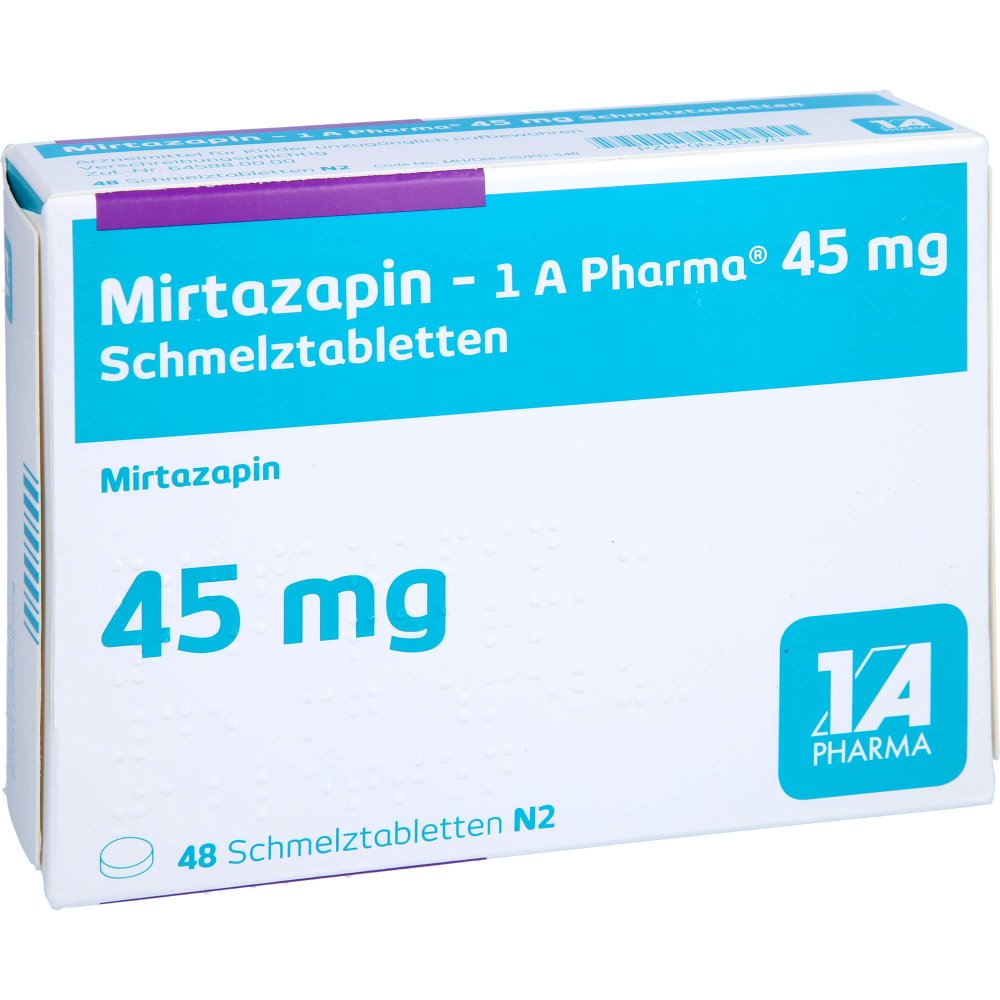 Das Produktfoto zeigt Mirtazapin-1a Pharma 45 Mg Schmelztabletten (48 stk) PZN 06320970