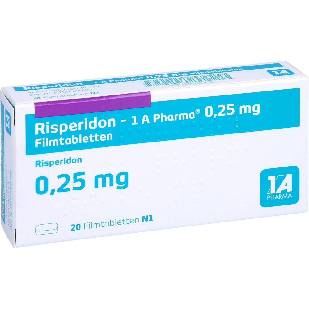 Das Produktfoto zeigt Risperidon-1a Pharma 0,25 Mg Filmtabletten (20 stk) PZN 06322472