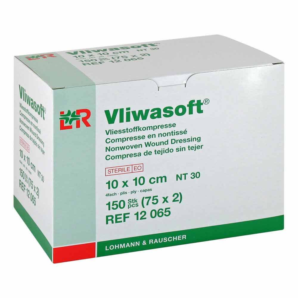 Das Produktfoto zeigt Vliwasoft Vlieskompressen Steril 10x10 Cm 4l. (150 stk) PZN 06325588