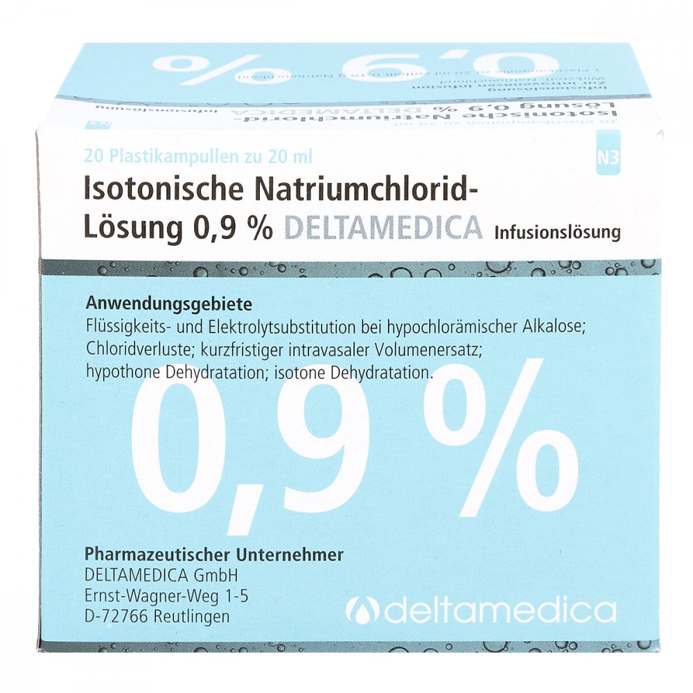 Das Produktfoto zeigt Isotonische Nacl 0,9% Deltamedica Inf.-Lsg.Pl.Amp. (20X20 ml) PZN 06340501