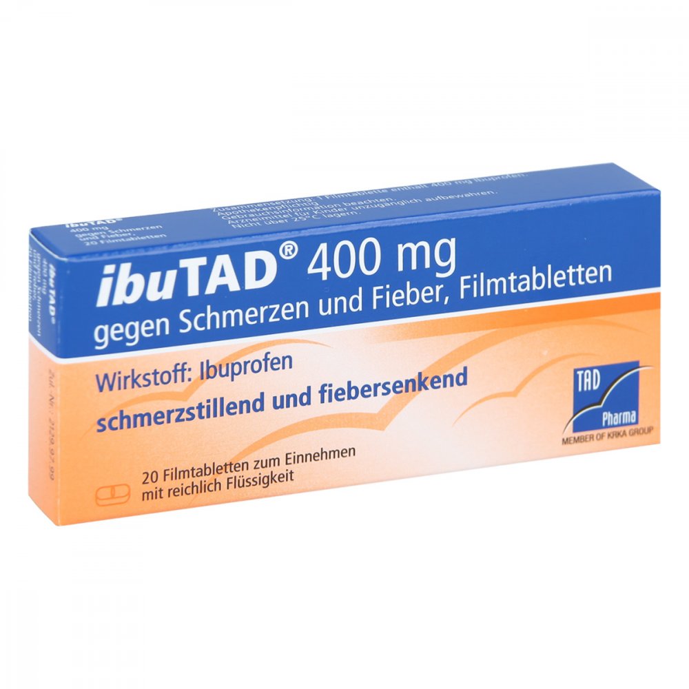 Das Produktfoto zeigt Ibutad 400 Mg Gegen Schmerzen Und Fieber Filmtabl. (20 stk) PZN 06407547