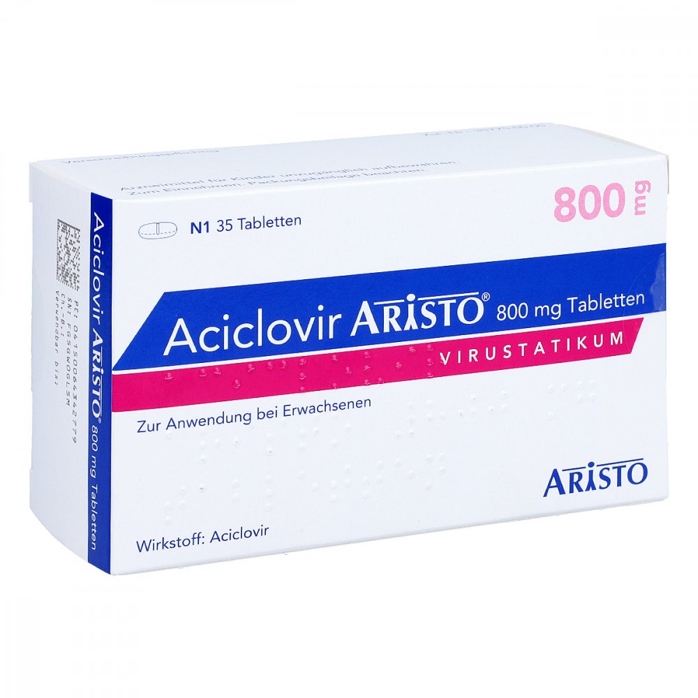 Das Produktfoto zeigt Aciclovir Aristo 800 Mg Tabletten (35 stk) PZN 06434277