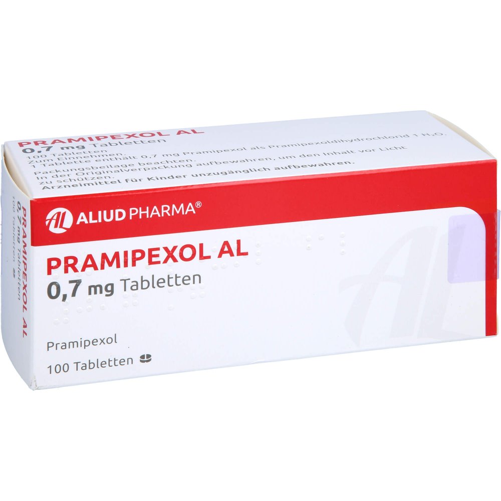 Das Produktfoto zeigt Pramipexol Al 0,7 Mg Tabletten (100 stk) PZN 06453300