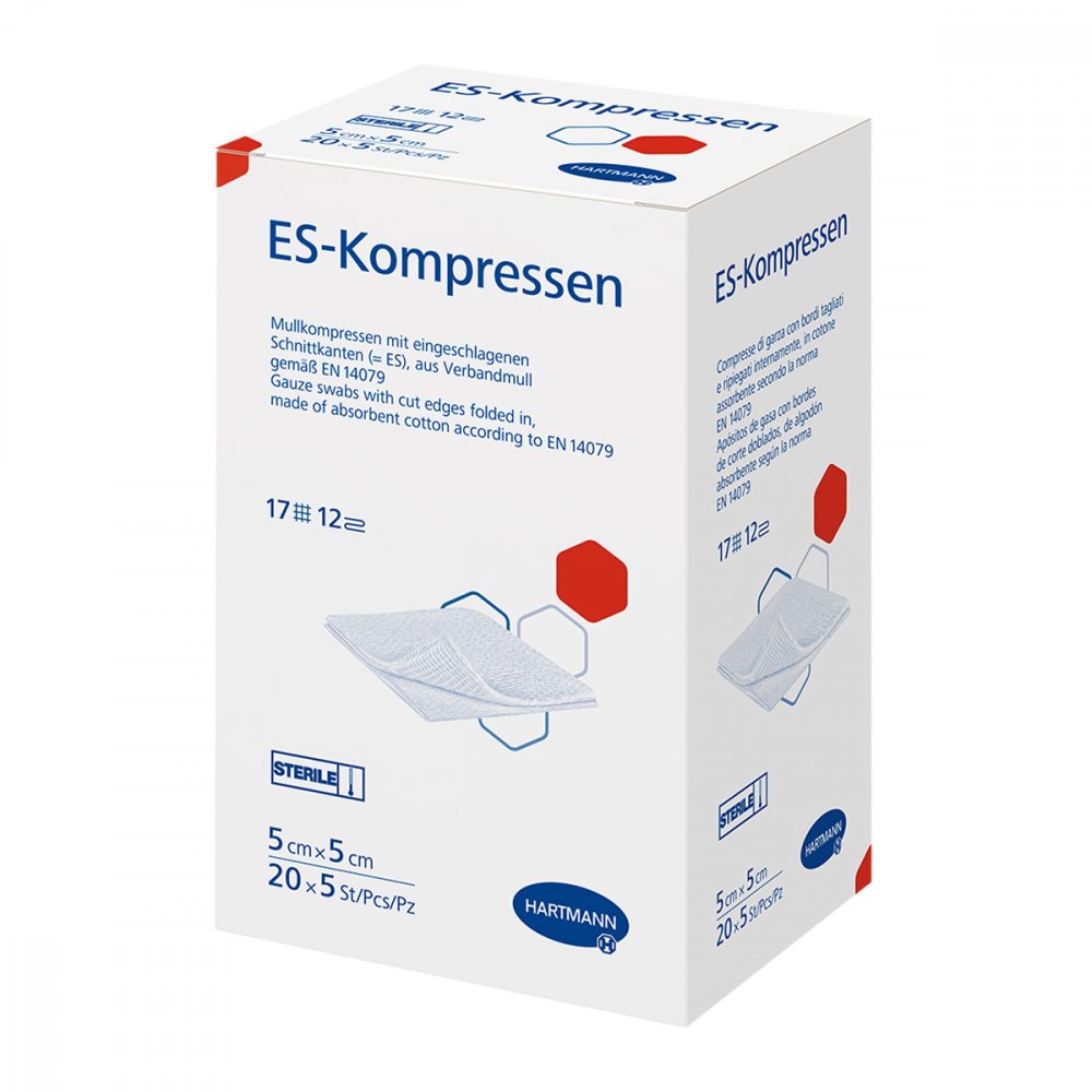 Das Produktfoto zeigt Es-Kompressen Steril 5x5 Cm 12fach Großpackung (20X5 stk) PZN 06453760