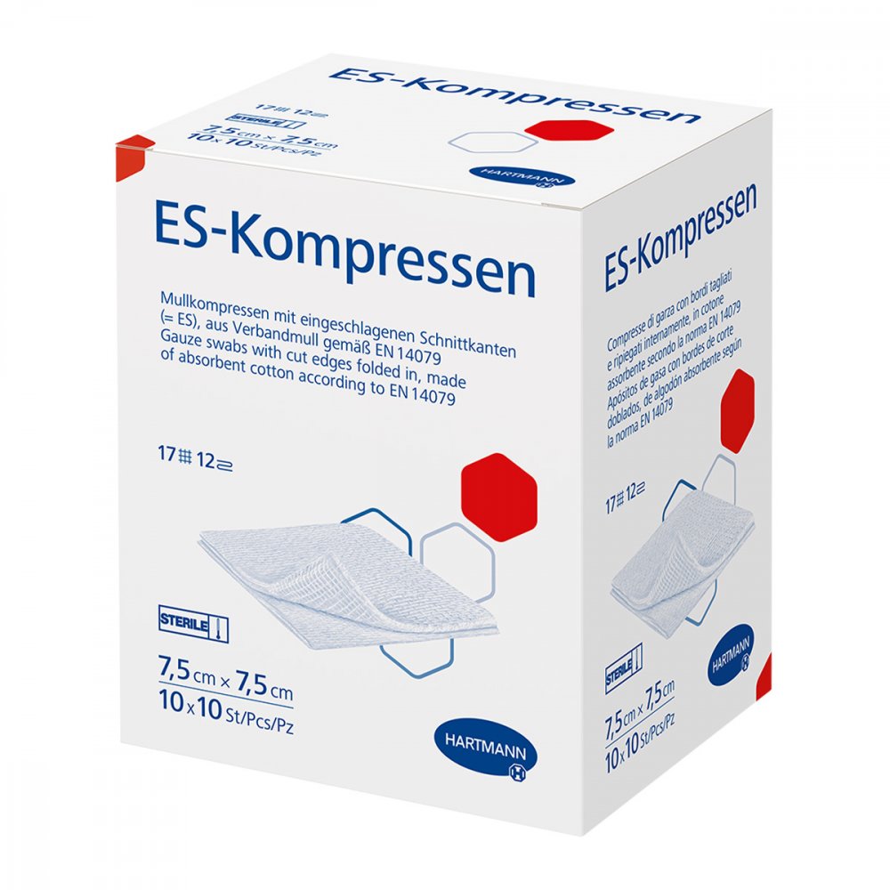 Das Produktfoto zeigt Es-Kompressen Steril 7,5x7,5 Cm 12fach Großpackung (10X10 stk) PZN 06453984