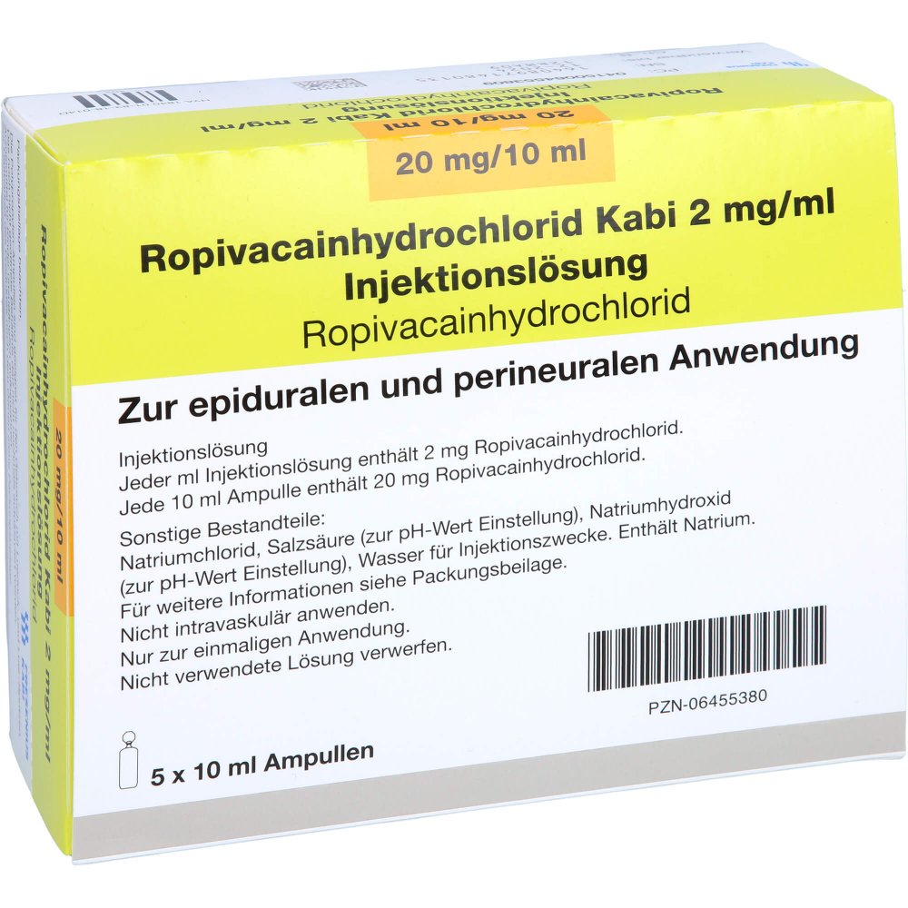 Das Produktfoto zeigt Ropivacainhydrochlorid Kabi 2 Mg/Ml Injektionslsg. (5X10 ml) PZN 06455380