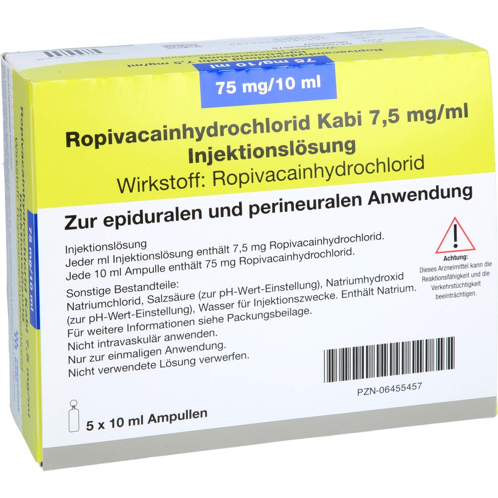 Das Produktfoto zeigt Ropivacainhydrochlorid Kabi 7,5 Mg/Ml Inj.-Lsg. (5X10 ml) PZN 06455457