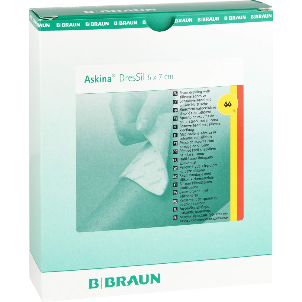 Das Produktfoto zeigt Askina Dressil 5x7 Cm Silikon Schaumstoffverband (10 stk) PZN 06489166