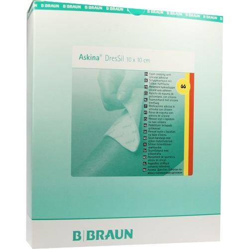 Das Produktfoto zeigt Askina Dressil 10x10 Cm Silikon Schaumstoffverband (10 stk) PZN 06489189