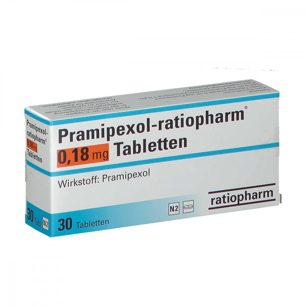Das Produktfoto zeigt Pramipexol-Ratiopharm 0,18 Mg Tabletten (30 stk) PZN 06489769
