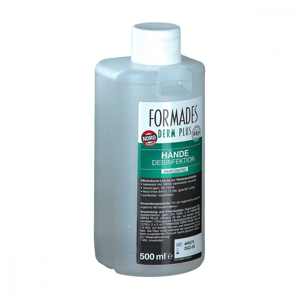 Das Produktfoto zeigt Formades Derm Plus Hände & Hautdesinfektion (500 ml) PZN 06582055