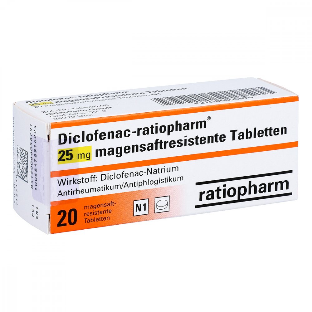 Das Produktfoto zeigt Diclofenac-Ratiopharm 25 Mg Magensaftres.Tabl. (20 stk) PZN 06605879