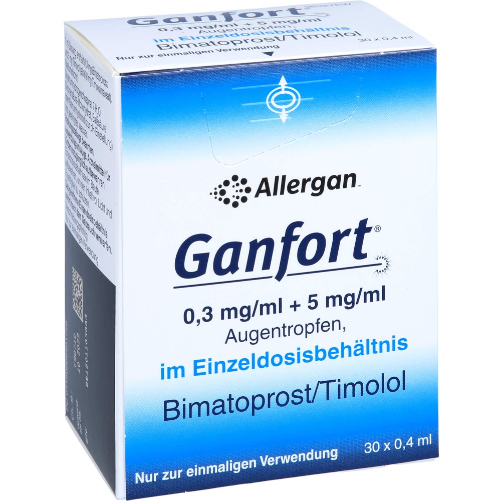 Das Produktfoto zeigt Ganfort 0,3 Mg/Ml + 5 Mg/Ml At Im Einzeldosisbeh. (30X0.4 ml) PZN 06640172
