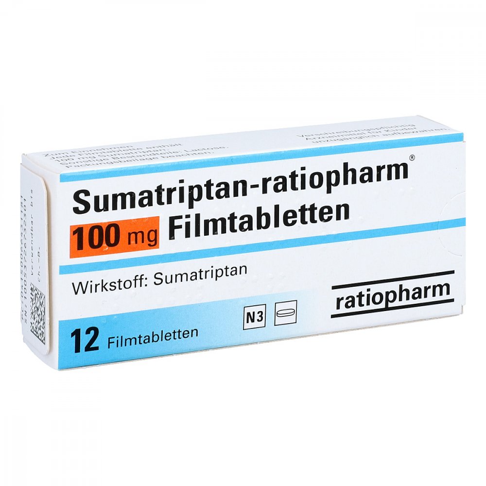 Das Produktfoto zeigt Sumatriptan-Ratiopharm 100 Mg Filmtabletten (12 stk) PZN 06643118