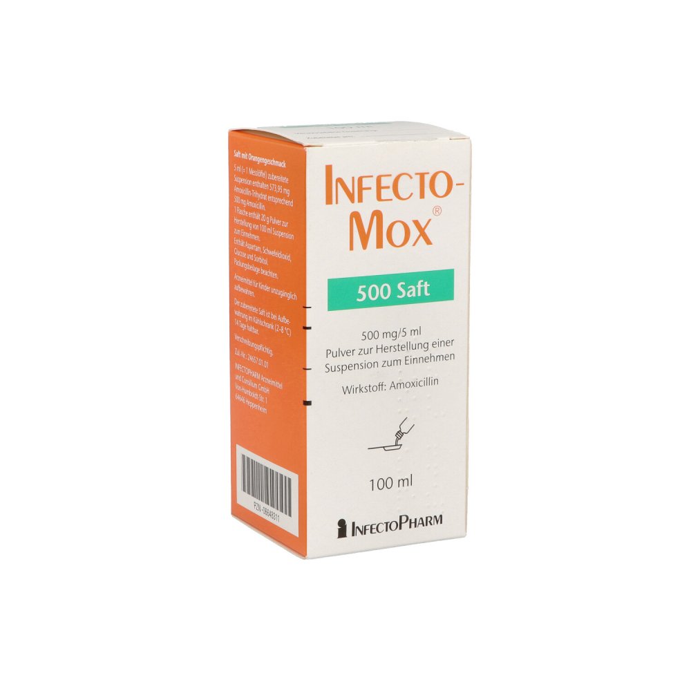 Das Produktfoto zeigt Infectomox 500 Saft Pulver Z.Herst.E.Susp.Z.Einn. (100 ml) PZN 06648311