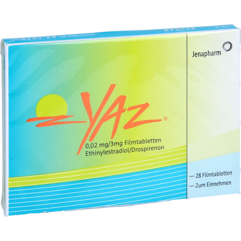 Das Produktfoto zeigt Yaz 0,02 Mg/3 Mg Filmtabletten 24+4 (28 stk) PZN 06682199