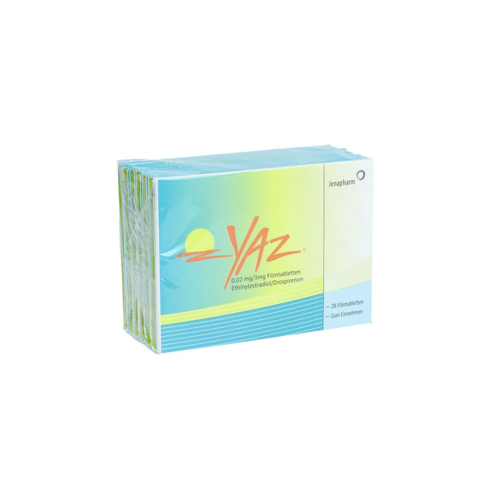 Das Produktfoto zeigt Yaz 0,02 Mg/3 Mg Filmtabletten 24+4 (6X28 stk) PZN 06682213