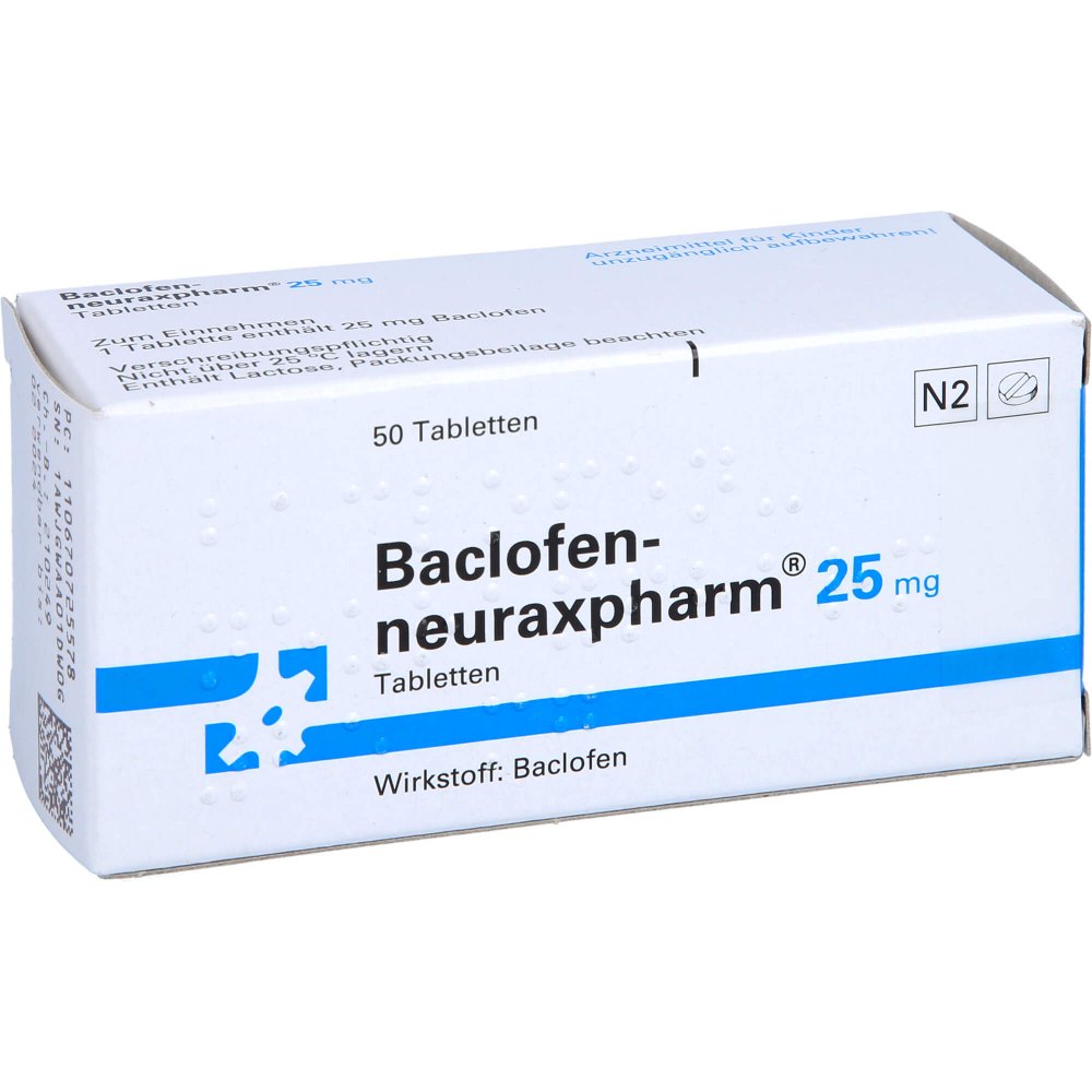Das Produktfoto zeigt Baclofen-Neuraxpharm 25 Mg Tabletten (50 stk) PZN 06707255