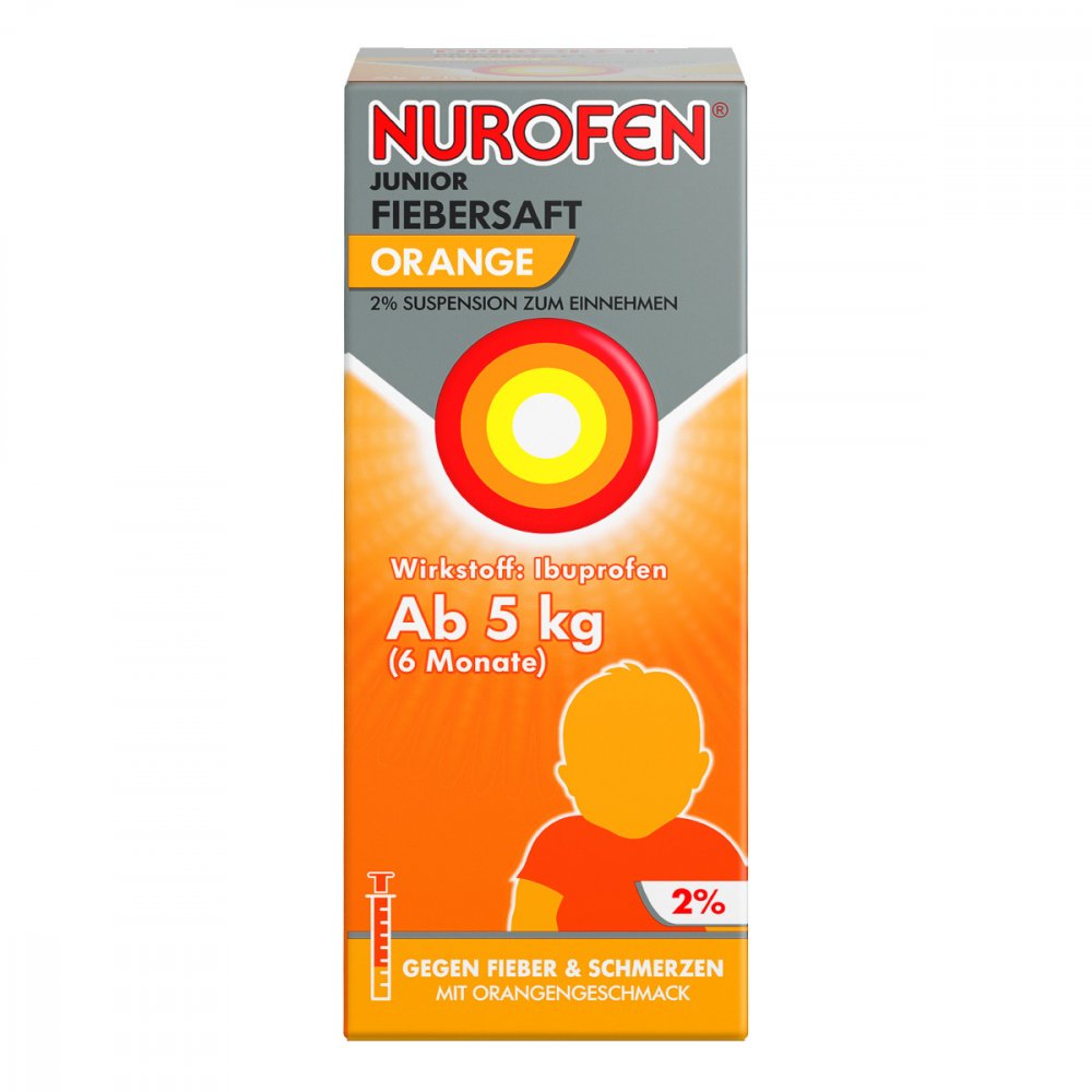 Das Produktfoto zeigt Nurofen Junior Fiebersaft Orange 2% (100 ml) PZN 06789419