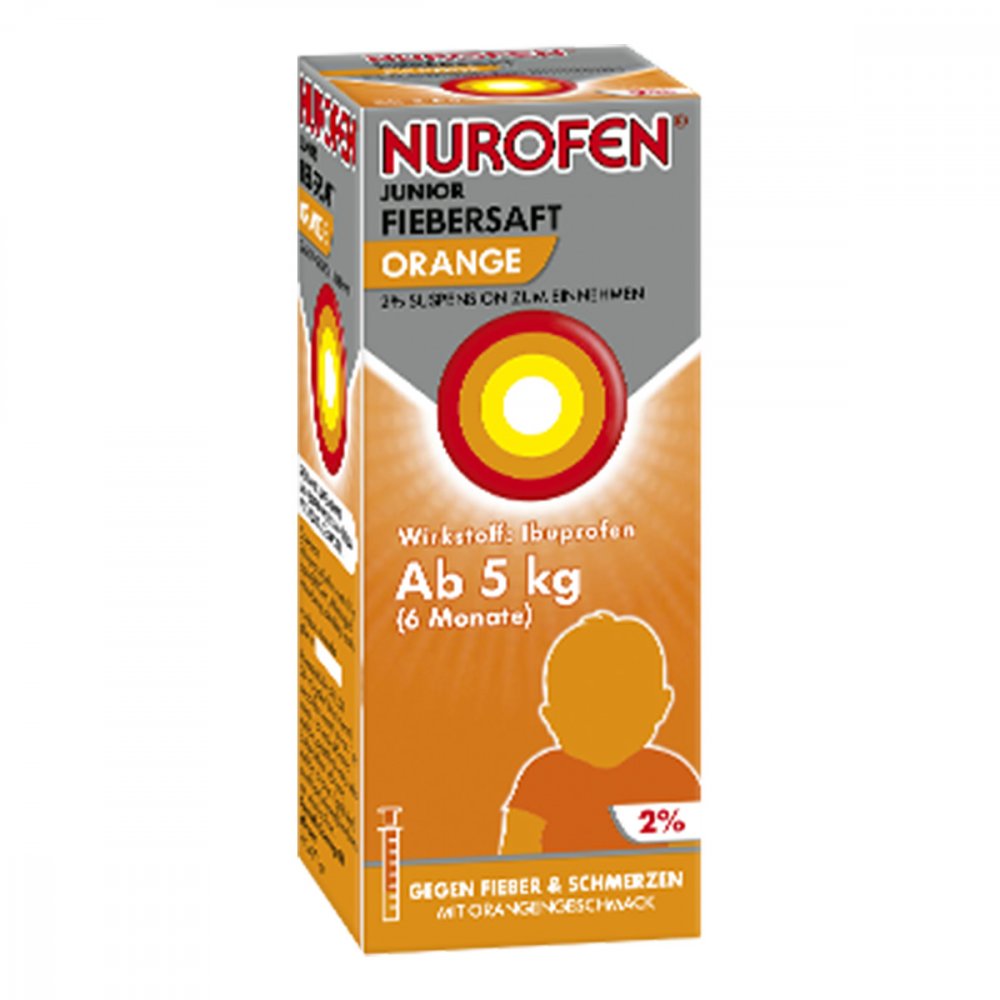Das Produktfoto zeigt Nurofen Junior Fiebersaft Orange 2% (150 ml) PZN 06789425