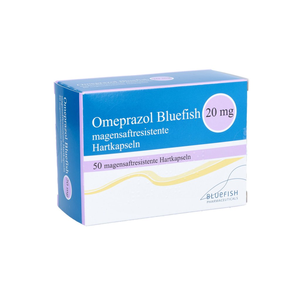 Das Produktfoto zeigt Omeprazol Bluefish 20 Mg Magensaftres.Kapseln (50 stk) PZN 06880640