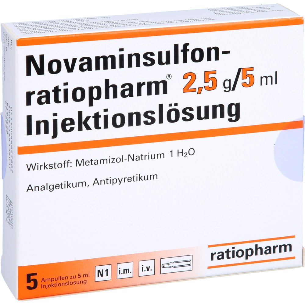 Das Produktfoto zeigt Novaminsulfon-Ratiopharm 2,5 G/5 Ml Inj.-Lsg.Amp. (5 stk) PZN 06882780