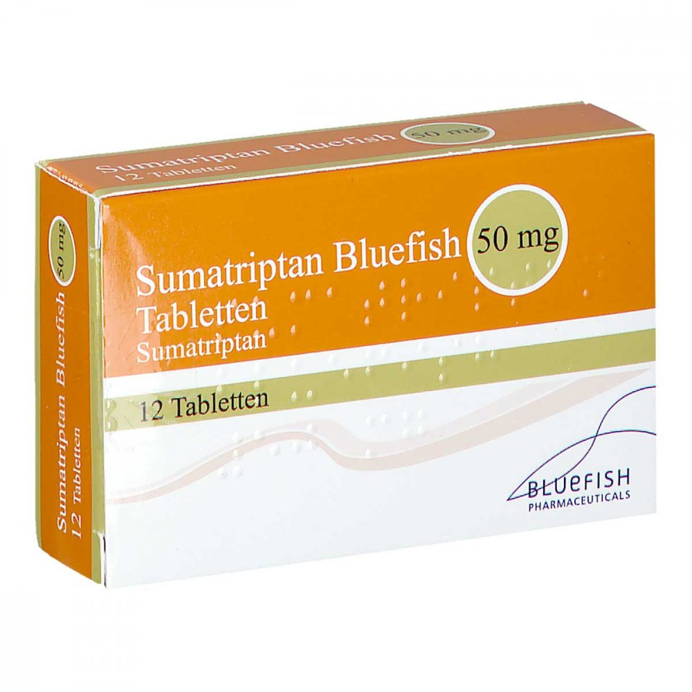 Das Produktfoto zeigt Sumatriptan Bluefish 50 Mg Tabletten (12 stk) PZN 06883236