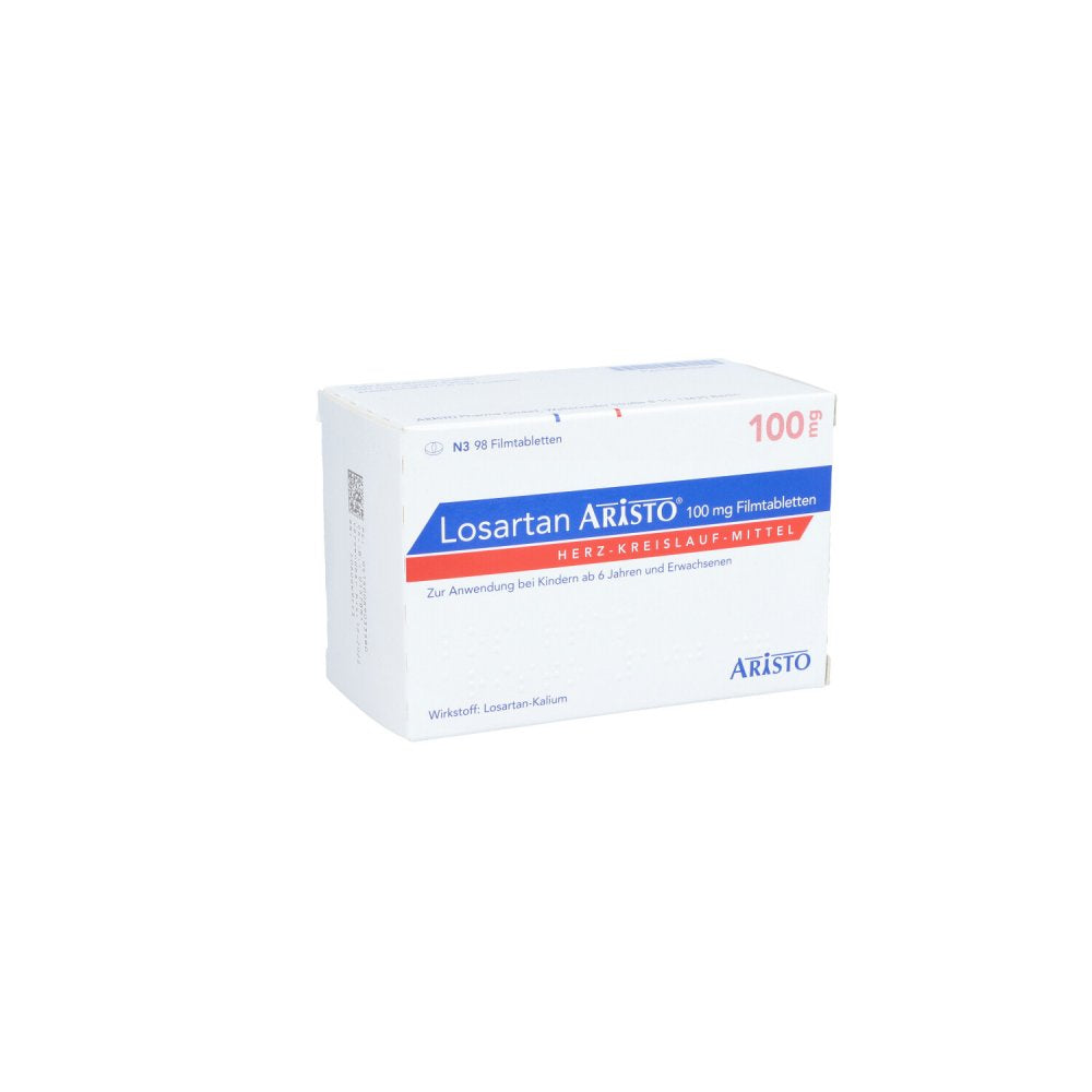 Das Produktfoto zeigt Losartan Aristo 100 Mg Filmtabletten (98 stk) PZN 06903358