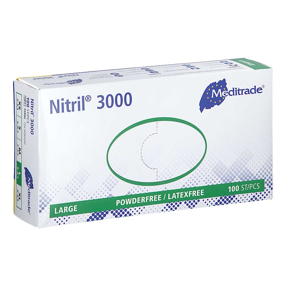 Das Produktfoto zeigt Nitril 3000 Unt.Handschuhe Unsteril L (100 stk) PZN 06968300