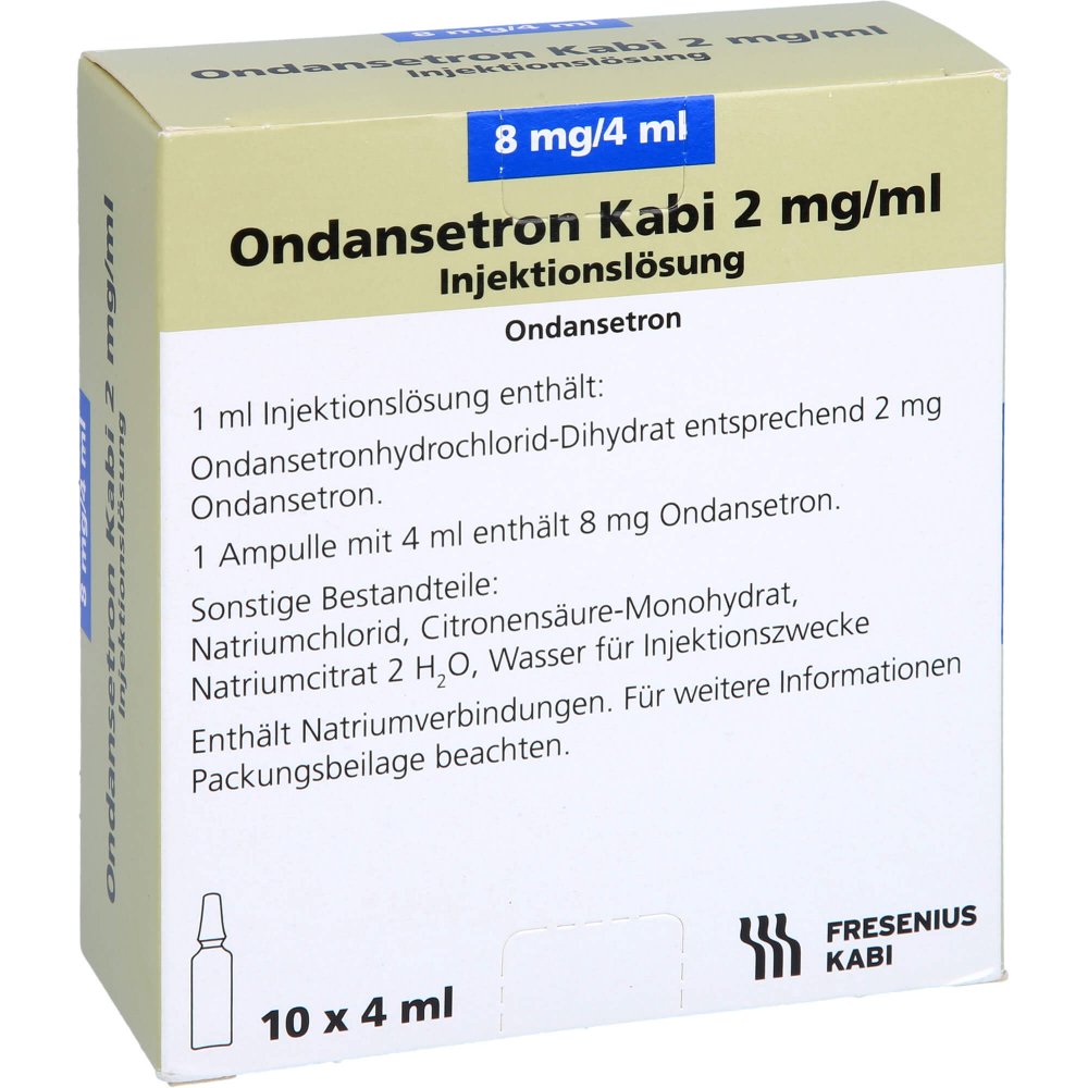Das Produktfoto zeigt Ondansetron Kabi 2 Mg/Ml 8 Mg Injektionslösung (10X4 ml) PZN 07026095