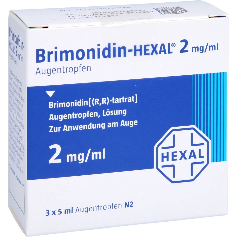 Das Produktfoto zeigt Brimonidin Hexal 2 Mg/Ml Augentropfen (3X5 ml) PZN 07028728