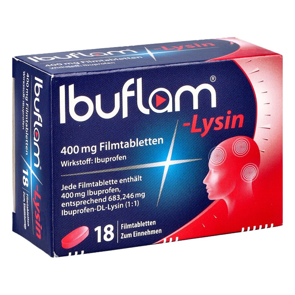Das Produktfoto zeigt Ibuflam-Lysin 400 Mg Filmtabletten (18 stk) PZN 07089658
