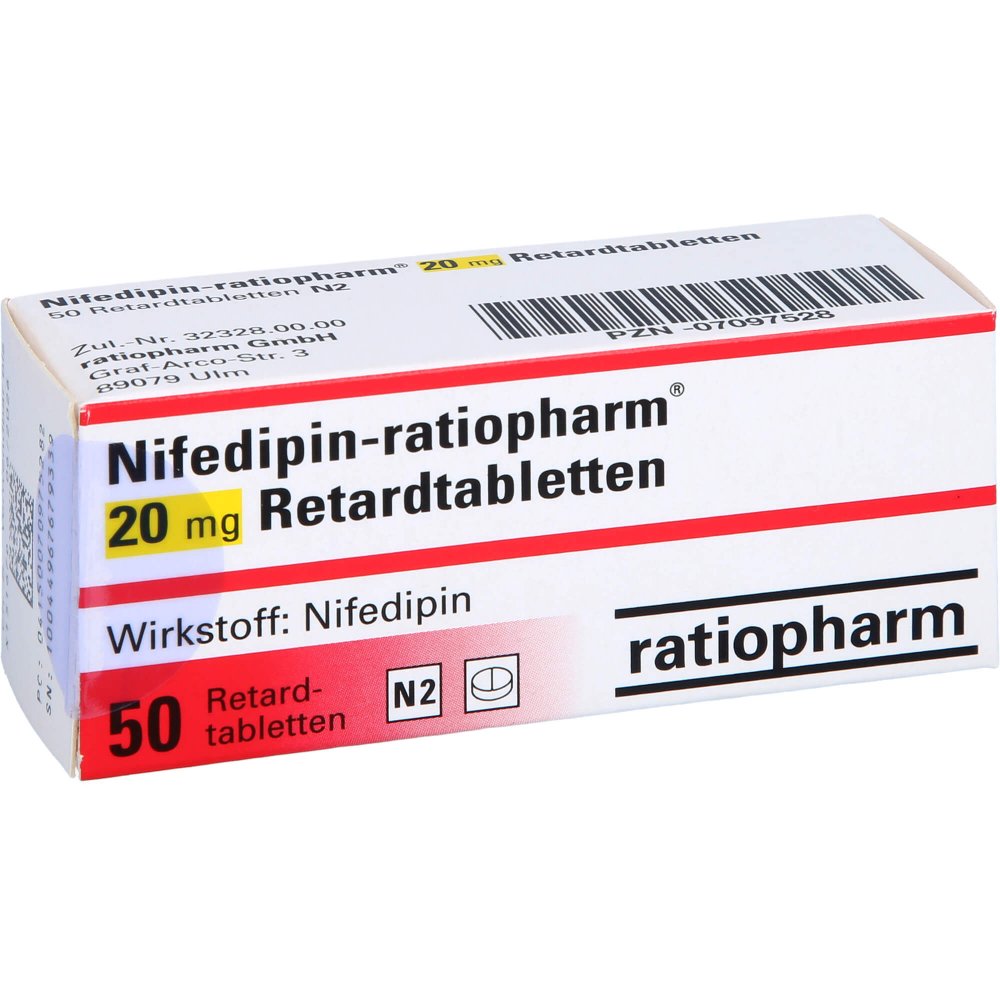 Das Produktfoto zeigt Nifedipin-Ratiopharm 20 Mg Retardtabletten (50 stk) PZN 07097528