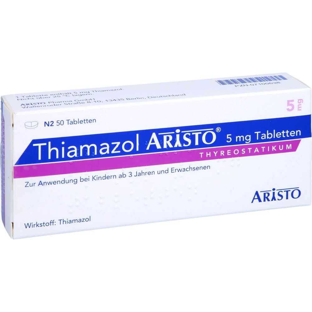 Das Produktfoto zeigt Thiamazol Aristo 5 Mg Tabletten (50 stk) PZN 07100638