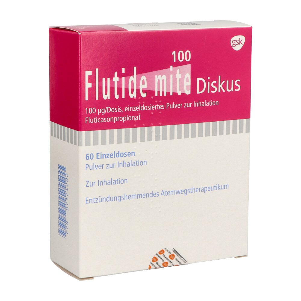 Das Produktfoto zeigt Flutide Mite 100 Diskus Einzeldos.Plv.Z.Inhalat. (60 stk) PZN 07124202