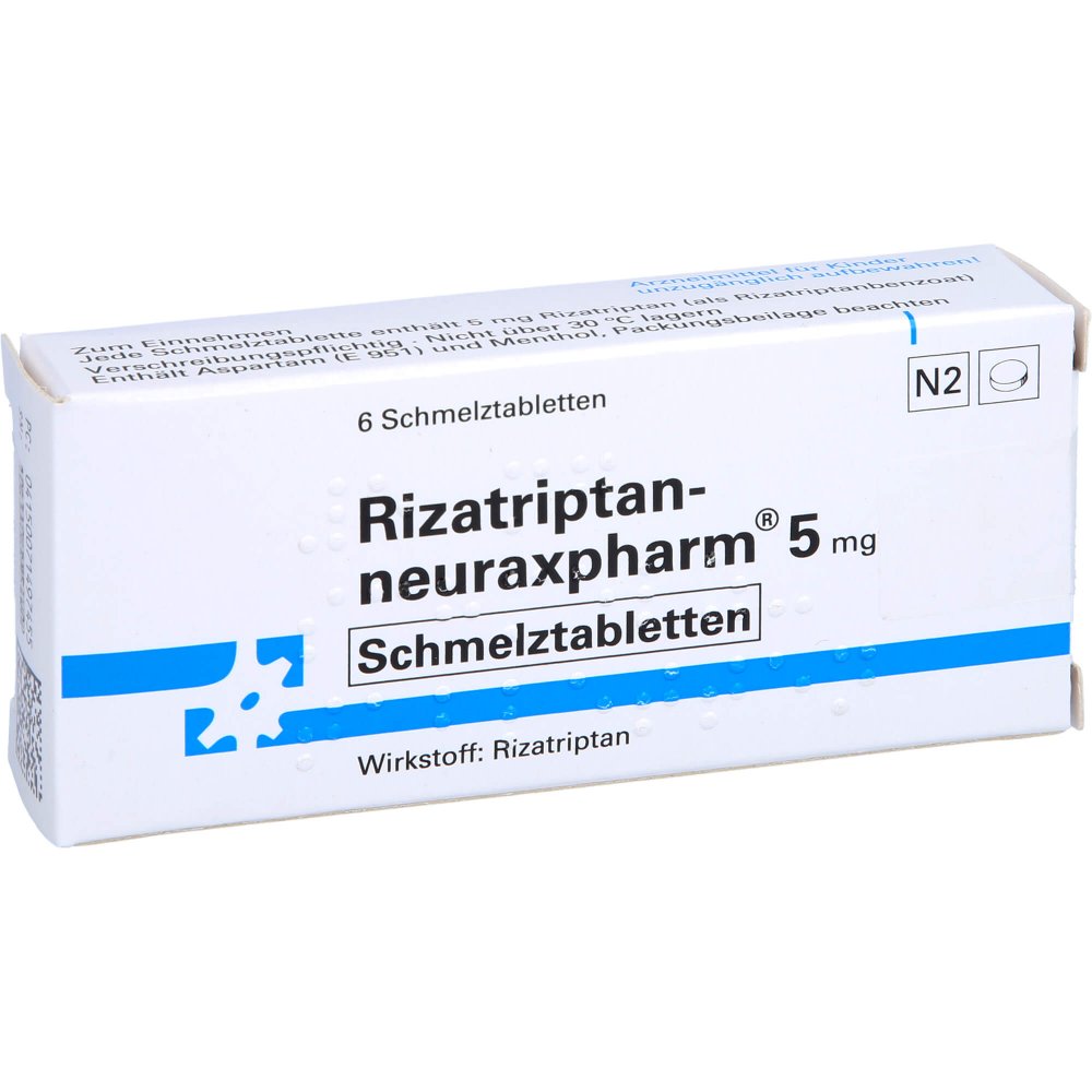 Das Produktfoto zeigt Rizatriptan-Neuraxpharm 5 Mg Schmelztabletten (6 stk) PZN 07149745