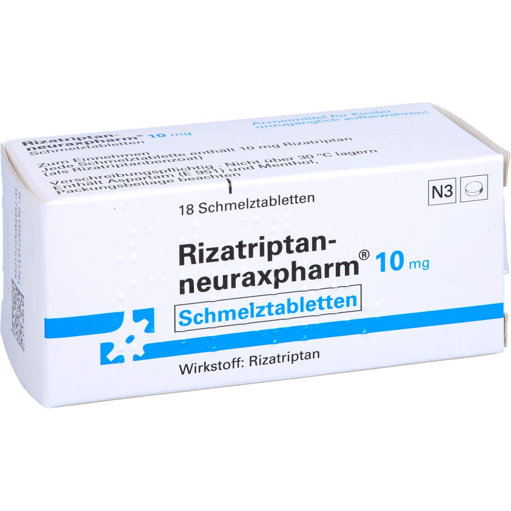 Das Produktfoto zeigt Rizatriptan-Neuraxpharm 10 Mg Schmelztabletten (18 stk) PZN 07153178