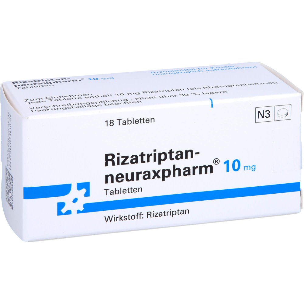 Das Produktfoto zeigt Rizatriptan-Neuraxpharm 10 Mg Tabletten (18 stk) PZN 07156219