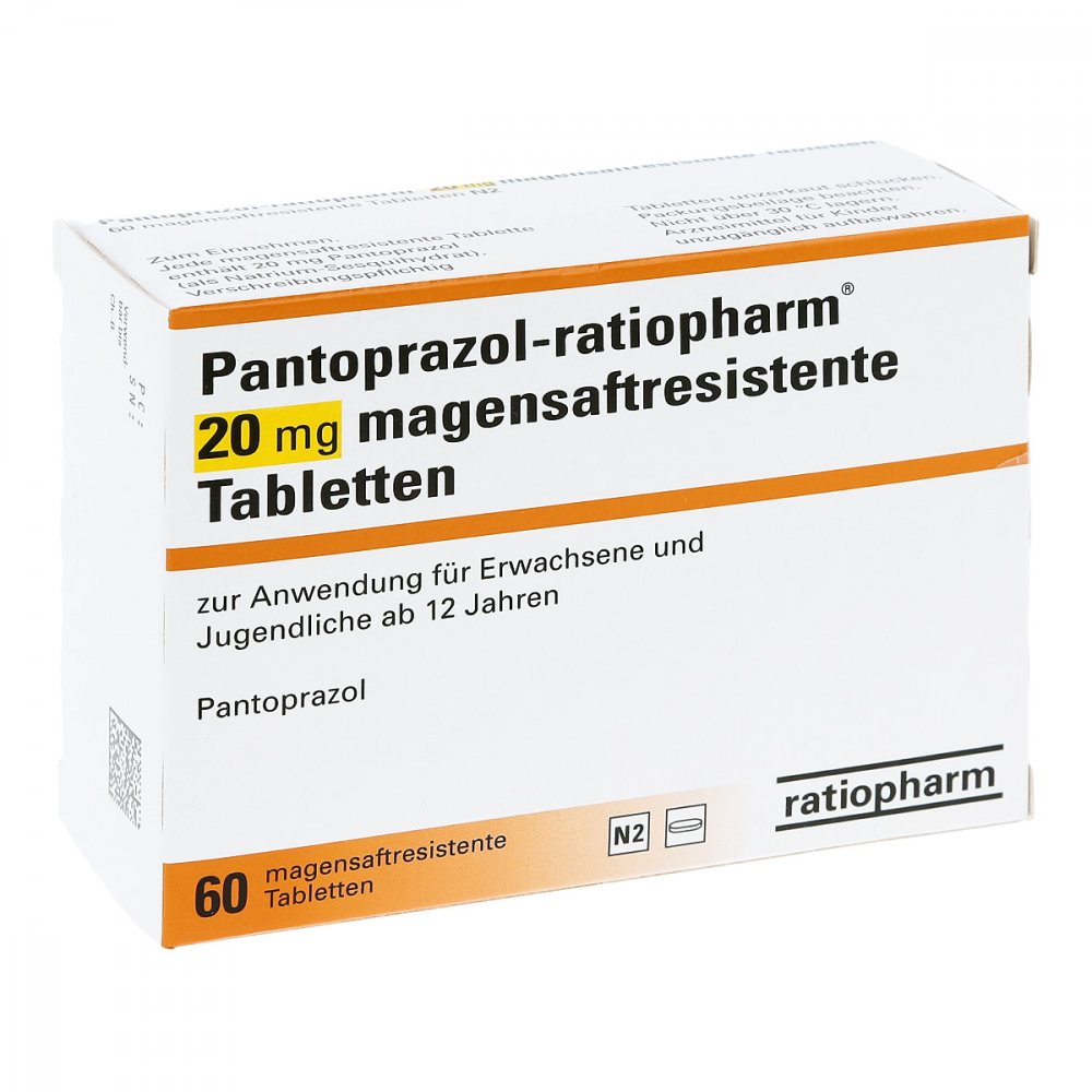 Das Produktfoto zeigt Pantoprazol-Ratiopharm 20 Mg Magensaftr.Tabletten (60 stk) PZN 07189696