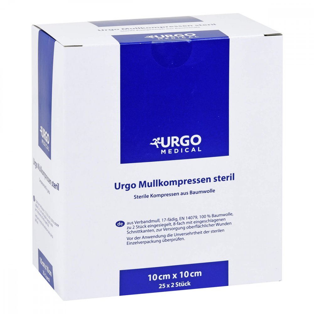 Das Produktfoto zeigt Urgo Mullkompressen 10x10 Cm Steril (25X2 stk) PZN 07237863