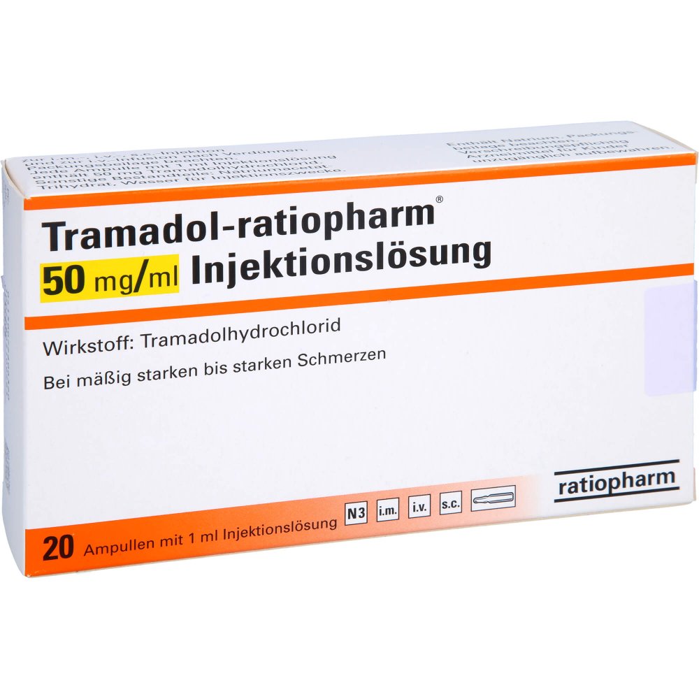 Das Produktfoto zeigt Tramadol-Ratiopharm 50 Mg/Ml Injektionslösung Amp. (20 stk) PZN 07260632