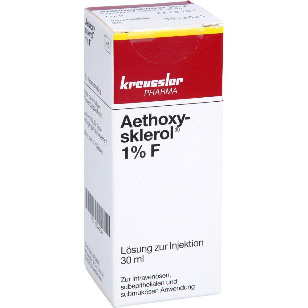 Das Produktfoto zeigt Aethoxysklerol 1% F Injektionslösung (30 ml) PZN 07277644