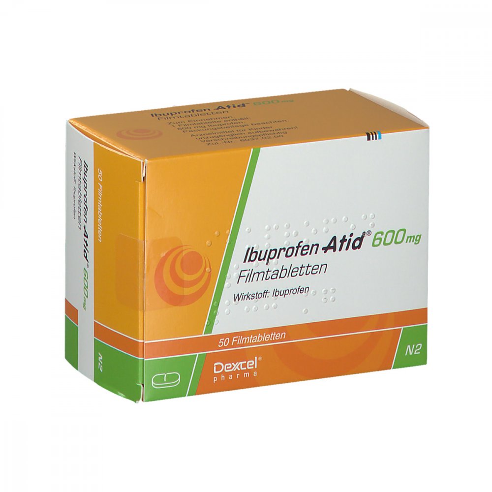 Das Produktfoto zeigt Ibuprofen Atid 600 Mg Filmtabletten (50 stk) PZN 07296593